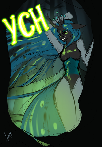 Size: 1640x2360 | Tagged: safe, artist:stirren, derpibooru import, queen chrysalis, anthro, changeling, changeling queen, bodysuit, cavern, clothes, commission, cosplay, costume, female, image, pinup, png, ponysuit, pose, solo, swamp, your character here
