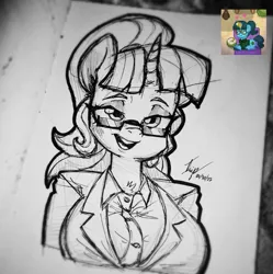 Size: 1071x1074 | Tagged: safe, artist:angrydiaper123, derpibooru import, oc, oc:spruce sprout, unofficial characters only, anthro, pony, unicorn, pony town, breasts, business suit, busty oc, clothes, female, glasses, grayscale, image, jpeg, lidded eyes, mare, monochrome, open mouth, open smile, screencap reference, smiling, solo, traditional art