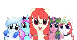 Size: 719x373 | Tagged: safe, artist:tialtri, derpibooru import, oc, oc:altersmay earth, oc:lycarisa flowery, ponified, unofficial characters only, alicorn, earth pony, pegasus, pony, bow, cute, female, glasses, grin, hair bow, hat, heterochromia, image, jewelry, looking at you, mare, necklace, necktie, open mouth, planet ponies, png, raised hoof, simple background, smiling, spread wings, white background, wings
