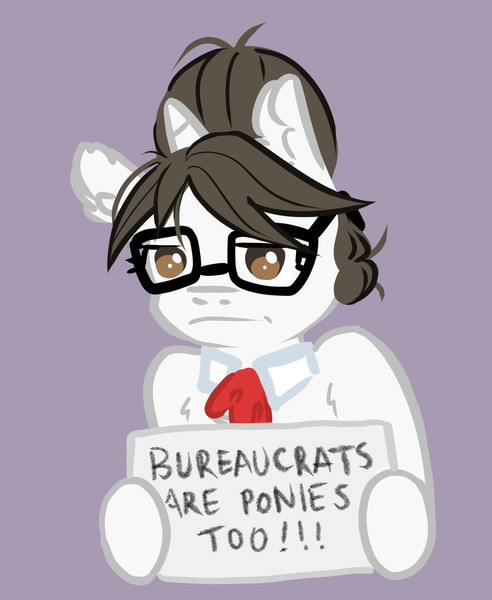 Size: 1225x1495 | Tagged: safe, artist:purepurinrin, derpibooru import, raven, pony, unicorn, cute, female, glasses, hair bun, hoof hold, horn, image, jpeg, labor strike, looking at you, mare, messy mane, necktie, protest, ravenbetes, secretary, sign