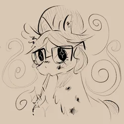 Size: 1225x1225 | Tagged: safe, artist:purepurinrin, derpibooru import, raven, pony, unicorn, cute, female, glasses, hair bun, image, jpeg, mare, mouth hold, pen, ravenbetes, secretary, sketch, traditional art