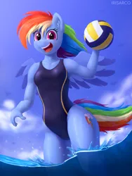 Size: 3000x4000 | Tagged: safe, artist:irisarco, derpibooru import, rainbow dash, anthro, pegasus, ball, blurry background, breasts, clothes, cloud, day, ear fluff, female, flowing mane, flowing tail, image, looking at you, ocean, one-piece swimsuit, open mouth, outdoors, png, running, sky, smiling, solo, sports, spread wings, standing, summer, swimsuit, tail, volleyball, water, watermark, wet, wings