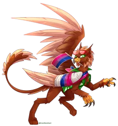 Size: 4616x4928 | Tagged: safe, artist:greenmaneheart, derpibooru import, oc, oc:pavlos, unofficial characters only, gryphon, bandage, bisexual, broken bone, broken wing, cast, chest fluff, claws, clothes, eared griffon, flag, griffon oc, hawaiian shirt, image, injured, one eye closed, one wing out, png, pride, shirt, simple background, sling, solo, sunglasses, transparent background, wing cast, wing sling, wings, wink