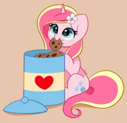 Size: 3470x3345 | Tagged: safe, artist:kittyrosie, derpibooru import, oc, oc:rosa flame, unofficial characters only, pony, unicorn, cookie, cookie jar, flower, flower in hair, food, heart, image, messy eating, mouth hold, png, simple background