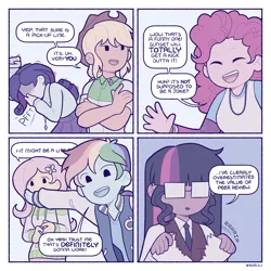 Size: 1200x1200 | Tagged: safe, derpibooru import, applejack, fluttershy, pinkie pie, rainbow dash, rarity, sci-twi, twilight sparkle, equestria girls, 4 panel comic, 4koma, applejack's hat, clothes, comic, cowboy hat, hat, image, implied lesbian, implied scitwishimmer, implied shipping, jacket, laughing, mane six, png