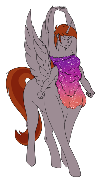 Size: 1766x2906 | Tagged: safe, artist:bryony6210, derpibooru import, oc, oc:funny jo, unofficial characters only, alicorn, centaur, taur, equestria girls, alitaur, centaur oc, clothes, dress, eyes closed, female, four arms, heterochromia, horn, image, long horn, multiple arms, png, simple background, sitting, solo, strapless, stretching, transparent background