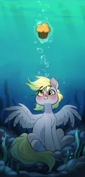 Size: 1300x2692 | Tagged: safe, artist:rexyseven, derpibooru import, derpy hooves, pegasus, pony, absurd resolution, blushing, bubble, crepuscular rays, cupcake, cute, digital art, feather, female, flowing mane, flowing tail, food, happy, holding breath, image, looking up, mare, ocean, png, rock, seaweed, sitting, smiling, solo, spread wings, sunlight, tail, underwater, water, wings, yellow eyes, yellow mane, yellow tail