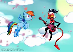 Size: 1889x1360 | Tagged: safe, artist:kaisercola, derpibooru import, rainbow dash, demon, imp, pegasus, black suit, blue body, bowtie, clothes, cloud, crack shipping, crossover, crossover shipping, cutie mark, floating heart, freckles, guitar, heart, helluva boss, hooves, horns, image, jacket, jpeg, moxxie, multicolored hair, multicolored mane, multicolored tail, musical instrument, on a cloud, pants, rainbow hair, rainbow tail, red body, shipping, sitting, sitting on cloud, sky, smiling, spaded tail, suit, sun, tail, wings, yellow eyes