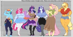 Size: 1368x700 | Tagged: safe, alternate version, artist:evehly, derpibooru import, applejack, fluttershy, pinkie pie, rainbow dash, rarity, twilight sparkle, twilight sparkle (alicorn), alicorn, anthro, earth pony, pegasus, unguligrade anthro, unicorn, abs, alternate hairstyle, applebucking thighs, applejack's hat, applejacked, argyle, ass, belt, bicep flex, big breasts, blushing, book, breasts, busty applejack, busty fluttershy, busty pinkie pie, busty rarity, busty twilight sparkle, butt, chubby, cleavage, clothes, colored wings, cowboy hat, crossed arms, cute, denim, denim shorts, digital art, ear piercing, earring, eyebrow piercing, eyeshadow, fat, female, flexing, freckles, gray background, grin, hand on hip, hat, height difference, huge breasts, image, jewelry, jpeg, leggings, lipstick, looking at you, looking away, looking back, looking back at you, makeup, mane six, markings, multicolored wings, muscles, muscular female, nose piercing, open mouth, piercing, plump, pudgy pie, rainbow wings, rainbuff dash, rainbutt dash, raribetes, rear view, shirt, shorts, simple background, size chart, size comparison, skirt, smiling, socks, sports bra, stetson, stockings, sweater, sweater vest, sweatershy, tallershy, tanktop, thigh highs, thighs, thunder thighs, tomboy, wall of tags, waving, wings, zettai ryouiki