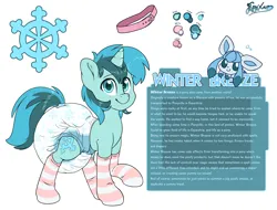 Size: 4600x3500 | Tagged: safe, artist:fluffyxai, derpibooru import, oc, oc:winter breeze, unofficial characters only, unicorn, accessory, clothes, diaper, image, png, pokémon, simple background, socks, solo, striped socks, white background