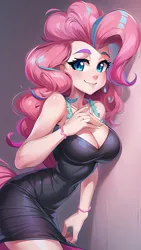 Size: 864x1536 | Tagged: safe, derpibooru import, editor:sammykun, machine learning generated, novelai, stable diffusion, pinkie pie, human, adorasexy, against wall, ai content, black dress, breasts, busty pinkie pie, cleavage, clothes, cute, dress, humanized, image, long dress, long hair, looking at you, png, prompter:sammykun, reasonably sized breasts, request, requested art, sexy, simple background, smiling, tight clothing, vacuum sealed clothing