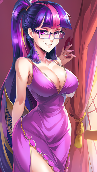 Size: 864x1536 | Tagged: safe, ai content, derpibooru import, editor:sammykun, machine learning generated, novelai, stable diffusion, sci-twi, twilight sparkle, human, g4, big breasts, breasts, busty twilight sparkle, cleavage, clothes, cute, dress, female, glasses, humanized, image, long dress, long hair, looking at you, png, prompter:sammykun, reasonably sized breasts, request, requested art, sexy, simple background, smiling, smiling at you, smirk, solo, solo female, tight clothing, vacuum sealed clothing