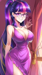 Size: 864x1536 | Tagged: safe, derpibooru import, editor:sammykun, machine learning generated, novelai, stable diffusion, sci-twi, twilight sparkle, human, ai content, big breasts, breasts, busty twilight sparkle, cleavage, clothes, cute, dress, glasses, humanized, image, long dress, long hair, looking at you, png, prompter:sammykun, reasonably sized breasts, request, requested art, sexy, simple background, smiling, smiling at you, smirk, tight clothing, vacuum sealed clothing