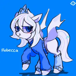 Size: 1280x1280 | Tagged: safe, artist:metaruscarlet, derpibooru import, oc, oc:rebecca, unofficial characters only, pegasus, pony, blank flank, blue background, blushing, clothes, crown, fangs, female, image, jewelry, jpeg, leg warmers, mare, raised hoof, regalia, simple background, solo, sweater