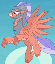 Size: 590x685 | Tagged: safe, derpibooru import, screencap, unnamed character, classical hippogriff, hippogriff, surf and/or turf, beak, chestplate, cropped, feathered fetlocks, flying, g4, grin, helmet, image, png, sky, smiling, solo, spread wings, tail, unnamed hippogriff, wings