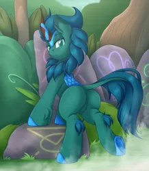 Size: 3513x4030 | Tagged: safe, alternate version, artist:pearlyiridescence, derpibooru import, oc, oc:poison trail, unofficial characters only, kirin, pony, butt, cloven hooves, curved horn, ear fluff, featureless crotch, horn, image, jungle, kirinified, leonine tail, looking back, male, plot, png, solo, solo male, species swap, stallion, steam, tail