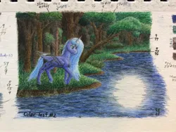 Size: 2048x1536 | Tagged: safe, artist:antnoob, artist:lightsolver, derpibooru import, princess luna, alicorn, pony, color, female, forest, image, jpeg, mare, moon, night, pensive, pond, sad, solo, traditional art, tree, water, watercolor painting