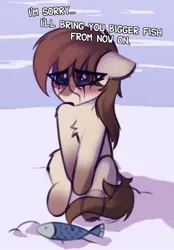 Size: 1062x1530 | Tagged: safe, artist:shepardinthesky, oc, oc:frosty flakes, unofficial characters only, fish, pony, taiga pony, chest fluff, crying, dialogue, eye clipping through hair, female, image, jpeg, makeup, mare, running makeup, sitting, snow, solo