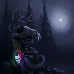 Size: 3000x3000 | Tagged: safe, artist:dr-fade, oc, unofficial characters only, pony, taiga pony, antlers, cloak, clothes, female, fog, forest, image, jpeg, mare, moon, night, raised hoof, skull, snow, solo, tree