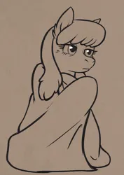 Size: 989x1396 | Tagged: safe, artist:a0iisa, oc, oc:forest ken, unofficial characters only, pony, taiga pony, blanket, female, image, jpeg, lidded eyes, mare, monochrome, sitting, solo