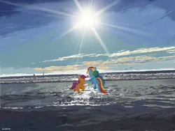 Size: 4000x3000 | Tagged: safe, artist:widelake, derpibooru import, rainbow dash, scootaloo, bird, pegasus, seagull, beach, boat, cloud, duo, floating, image, oil painting, png, sun, sunlight, traditional art