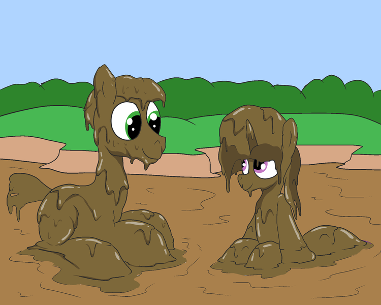 Size: 2000x1600 | Tagged: safe, artist:amateur-draw, derpibooru import, oc, oc:belle boue, oc:oak wood, unofficial characters only, earth pony, pony, unicorn, covered in mud, image, male, mud, mud bath, mud play, mud pony, muddy, png, stallion, wet and messy