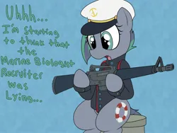Size: 2400x1800 | Tagged: safe, artist:datte-before-dawn, oc, oc:kahuna, unofficial characters only, earth pony, pony, clothes, dialogue, dress uniform, earth pony oc, female, gun, image, jpeg, mare, military, military uniform, open mouth, rifle, solo, uniform, weapon