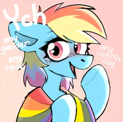 Size: 1658x1648 | Tagged: safe, artist:rtootb, derpibooru import, rainbow dash, pegasus, pony, :3, advertisement, commission, cute, digital art, female, flag, g4, headcanon, hooves, image, lgbt, lgbt headcanon, link in description, looking at you, pastel, png, pride flag, pride month, sketch, smiling, smiling at you, ych sketch, your character here