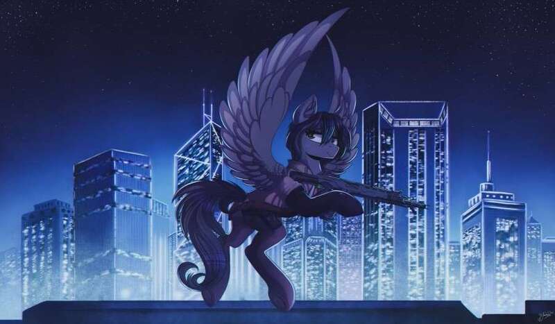 Size: 900x525 | Tagged: safe, artist:hagalazka, derpibooru import, pegasus, pony, city, cityscape, clothes, image, jpeg, looking at you, solo, spread wings, weapon, wings