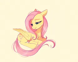 Size: 4096x3290 | Tagged: safe, artist:imalou, banned from derpibooru, deleted from derpibooru, derpibooru import, edit, fluttershy, pegasus, pony, cute, eyebrows, female, folded wings, high res, image, jpeg, lidded eyes, lying down, mare, ponyloaf, prone, shyabetes, simple background, sitting, smiling, wings, yellow background