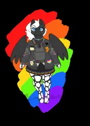 Size: 1184x1652 | Tagged: safe, alternate version, artist:luna_mcboss, derpibooru import, oc, oc:double stuff, unofficial characters only, anthro, unguligrade anthro, anthro oc, blue eyes, breasts, chubby, clothes, feathered wings, gay pride, gay pride flag, glasses, gray coat, image, jacket, jewelry, mottled coat, necklace, pansexual, png, pride, pride flag, pride month, rainbow, rainbow background, simple background, skirt, sweater vest, thick, vest, white mane, wings