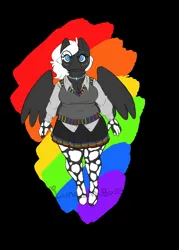 Size: 1184x1652 | Tagged: safe, alternate version, artist:luna_mcboss, derpibooru import, oc, oc:double stuff, unofficial characters only, anthro, unguligrade anthro, anthro oc, blue eyes, breasts, chubby, clothes, feathered wings, gay pride, gay pride flag, glasses, gray coat, image, jewelry, mottled coat, necklace, pansexual, png, pride, pride flag, pride month, rainbow, rainbow background, simple background, skirt, sweater vest, thick, vest, white mane, wings