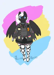 Size: 1184x1652 | Tagged: safe, alternate version, artist:luna_mcboss, derpibooru import, oc, oc:double stuff, unofficial characters only, anthro, unguligrade anthro, anthro oc, blue eyes, breasts, chubby, clothes, feathered wings, gay pride, gay pride flag, glasses, gray coat, image, jacket, jewelry, mottled coat, necklace, pansexual, pansexual pride flag, png, pride, pride flag, pride month, simple background, skirt, sweater vest, thick, vest, white mane, wings