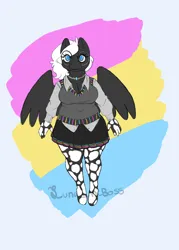 Size: 1184x1652 | Tagged: safe, alternate version, artist:luna_mcboss, derpibooru import, oc, oc:double stuff, unofficial characters only, anthro, unguligrade anthro, anthro oc, blue eyes, breasts, chubby, clothes, feathered wings, gay pride, gay pride flag, glasses, gray coat, image, jewelry, mottled coat, necklace, pansexual, pansexual pride flag, png, pride, pride flag, pride month, simple background, skirt, sweater vest, thick, vest, white mane, wings