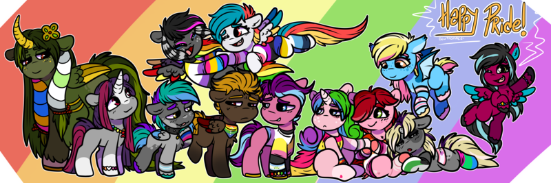 Size: 6000x2000 | Tagged: safe, artist:sexygoatgod, derpibooru import, oc, oc:bad behavior, oc:clover undergrowth, oc:cosmo comet, oc:dozy daisy, oc:lazy hallows, oc:rainblitz energy, oc:rainy shine, oc:razzmatazz gleam, oc:red flag, oc:rosie posie, oc:starfall rotten, oc:wisteria williams, unofficial characters only, alicorn, bat pony, earth pony, hybrid, pegasus, pony, unicorn, achillean pride flag, agender pride flag, alicorn oc, aroace pride flag, bisexual pride flag, chibi, demiboy pride flag, demigirl pride flag, demiromantic pride flag, genderfluid pride flag, group, horn, image, lesbian pride flag, nonbinary pride flag, pansexual pride flag, pegabat, png, polyamory pride flag, polysexual pride flag, pride, pride flag, pride month, questioning pride flag, sapphic pride flag, transfem pride flag, wings