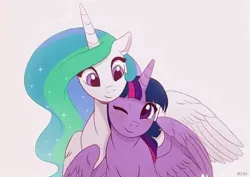 Size: 720x511 | Tagged: safe, artist:akeahi, derpibooru import, princess celestia, twilight sparkle, twilight sparkle (alicorn), alicorn, pony, duo, front view, gradient background, hug, image, jpeg, needs more jpeg, one eye closed, partially open wings, smiling, wings