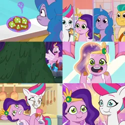 Size: 1920x1920 | Tagged: safe, derpibooru import, edit, edited screencap, screencap, hitch trailblazer, izzy moonbow, pipp petals, zipp storm, earth pony, pegasus, pony, unicorn, g5, my little pony: tell your tale, spoiler:g5, spoiler:my little pony: tell your tale, spoiler:tyts01e38, spoiler:tyts01e43, spoiler:tyts01e51, bridlewood spog, cakeghost, cookie, dilated pupils, female, foal food, food, glow, glowing hair, glowing mane, image, jpeg, male, mare, mare family mare problems, mud, pinpoint eyes, royal sisters (g5), siblings, sisters, stallion, starry eyes, sweat, sweatdrop, swirly eyes, wavy mouth, wingding eyes