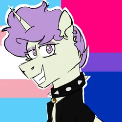 Size: 900x900 | Tagged: safe, artist:fuckomcfuck, derpibooru import, oc, oc:ace, pony, unicorn, bisexual pride flag, choker, clothes, ear piercing, earring, eyeshadow, image, jacket, jewelry, makeup, male, piercing, png, pride, pride flag, solo, trans male, transgender, transgender pride flag