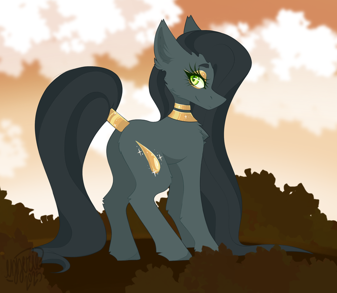 Size: 2019x1756 | Tagged: safe, artist:ezzerie, derpibooru import, oc, oc:golden tears, earth pony, art trade, choker, gold, image, jewelry, looking at you, looking back, looking back at you, png, solo, tail wra