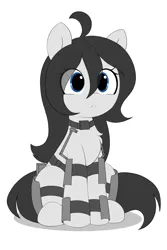 Size: 1500x2250 | Tagged: safe, artist:stablegrass, derpibooru import, oc, oc:milly, earth pony, :<, ahoge, collar, colored, exosuit, eye clipping through hair, flat colors, image, png, simple background, sitting