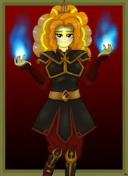 Size: 2975x4092 | Tagged: safe, artist:lennondash, derpibooru import, part of a set, adagio dazzle, human, equestria girls, avatar the last airbender, azula, blue fire, clothes swap, crossover, female, fire, firebending, frame, gradient background, image, lidded eyes, looking at you, png, red background, simple background, smiling, solo