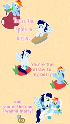 Size: 2598x4618 | Tagged: safe, artist:mlplary6, derpibooru import, rainbow dash, soarin', pegasus, pony, apple, bride, clothes, female, food, groom, husband and wife, image, jewelry, jpeg, looking at each other, looking at someone, looking at you, love, male, mare, marriage, married couple, pie, ring, shipping, smiling, smiling at each other, smiling at you, soarindash, stallion, straight, strawberry, text