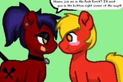 Size: 300x200 | Tagged: suggestive, artist:horsesrnaked, derpibooru import, oc, oc:fluffycuffs, earth pony, pony, pony town, bedroom eyes, blue hair, blushing, collar, cutie mark, dialogue, dialogue box, ear piercing, earring, eyebrows, eyeshadow, female, flirting, fuck forest, game, green background, heart, image, implied fuck forest, implied pony town, jewelry, lidded eyes, makeup, male, mare, missing cutie mark, necklace, oc x oc, orange eyes, piercing, pixel art, pixelated, png, pony town default character, ponytail, shipping, short hair, short mane, simple background, smiling, speech, speech bubble, stallion, straight, tail, tail wrap, talking, wide eyes, yellow eyes, yellow hair