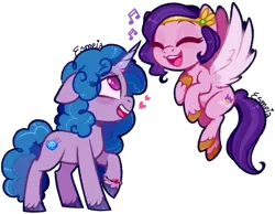 Size: 771x598 | Tagged: safe, artist:esmeia, derpibooru import, izzy moonbow, pipp petals, pegasus, pony, unicorn, g5, blushing, duo, eyes closed, female, heart, image, izzypipp, lesbian, mare, music notes, png, shipping, simple background, singing, transparent background