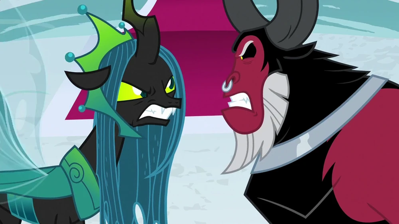 Size: 1000x563 | Tagged: safe, derpibooru import, screencap, lord tirek, queen chrysalis, centaur, changeling, changeling queen, the ending of the end, angry, argument, chrysirek, crown, female, gritted teeth, growling, horn, image, jewelry, male, png, regalia, shipping, snarling, straight, teeth