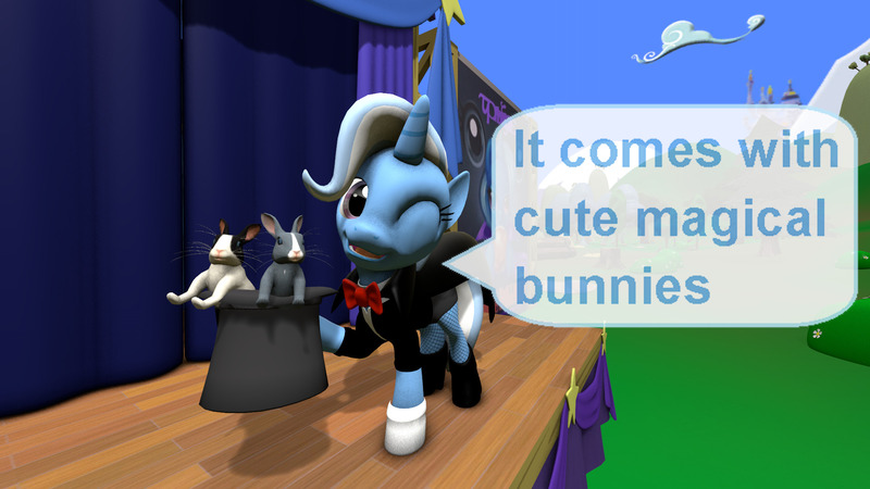 Size: 1920x1080 | Tagged: safe, artist:ask-the-luna-knight, derpibooru import, trixie, pony, rabbit, unicorn, 3d, animal, bowtie, hat, image, jpeg, magician outfit, one eye closed, solo, source filmmaker, stage, text, top hat, wink