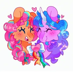 Size: 3214x3150 | Tagged: safe, artist:cocopudu, derpibooru import, izzy moonbow, sunny starscout, earth pony, pony, unicorn, g5, bow, bust, duo, eyes closed, female, floating heart, heart, image, izzyscout, jpeg, lesbian, mare, open mouth, open smile, shipping, simple background, smiling, white background