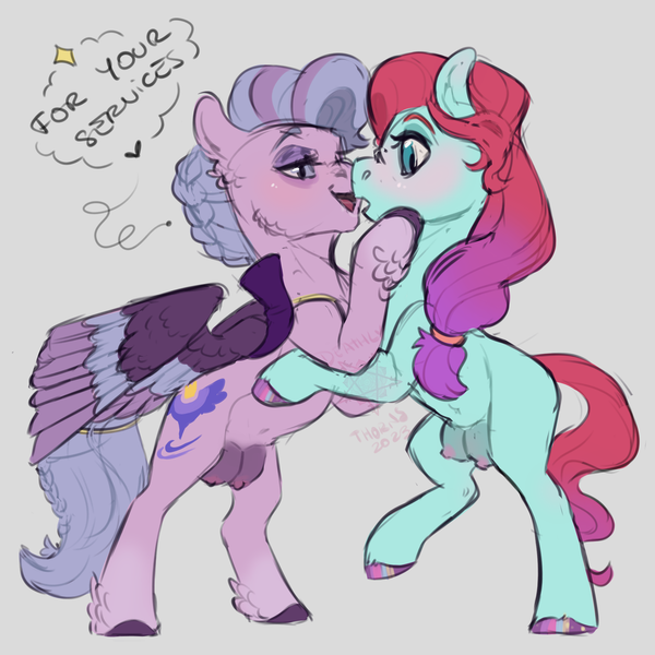 Size: 2000x2000 | Tagged: questionable, derpibooru import, queen haven, earth pony, pegasus, g5, blushing, crotchboobs, hoof polish, image, jazz hooves, jazzhaven, kissing, nudity, png
