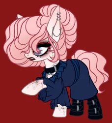 Size: 2646x2904 | Tagged: safe, artist:justsadluna, derpibooru import, oc, unofficial characters only, earth pony, pony, boots, clothes, collar, ear piercing, earring, earth pony oc, eyelashes, eyeliner, female, image, jewelry, lipstick, makeup, mare, piercing, png, raised hoof, red background, shoes, simple background, solo