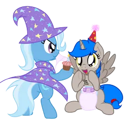 Size: 2000x2000 | Tagged: safe, artist:nitei, derpibooru import, trixie, oc, oc:sprite, alicorn, pony, alicorn oc, blue mane, clapping, cupcake, diaper, diaper fetish, fetish, food, hat, horn, image, open mouth, party hat, png, simple background, standing on two hooves, transparent background, wings